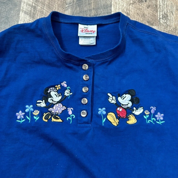 Vintage Disney Store Embroidered Mickey & Minnie Henley T-Shirt Ladies Small - Picture 1 of 14